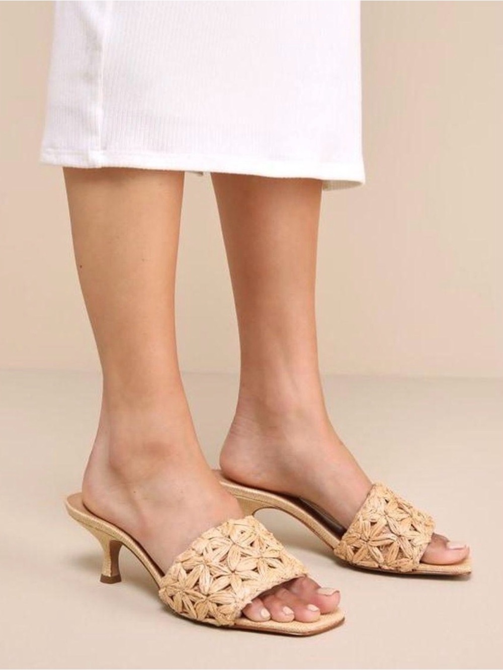 SCHUTZ Beige Woven Raffia Kitten Heel Mules
